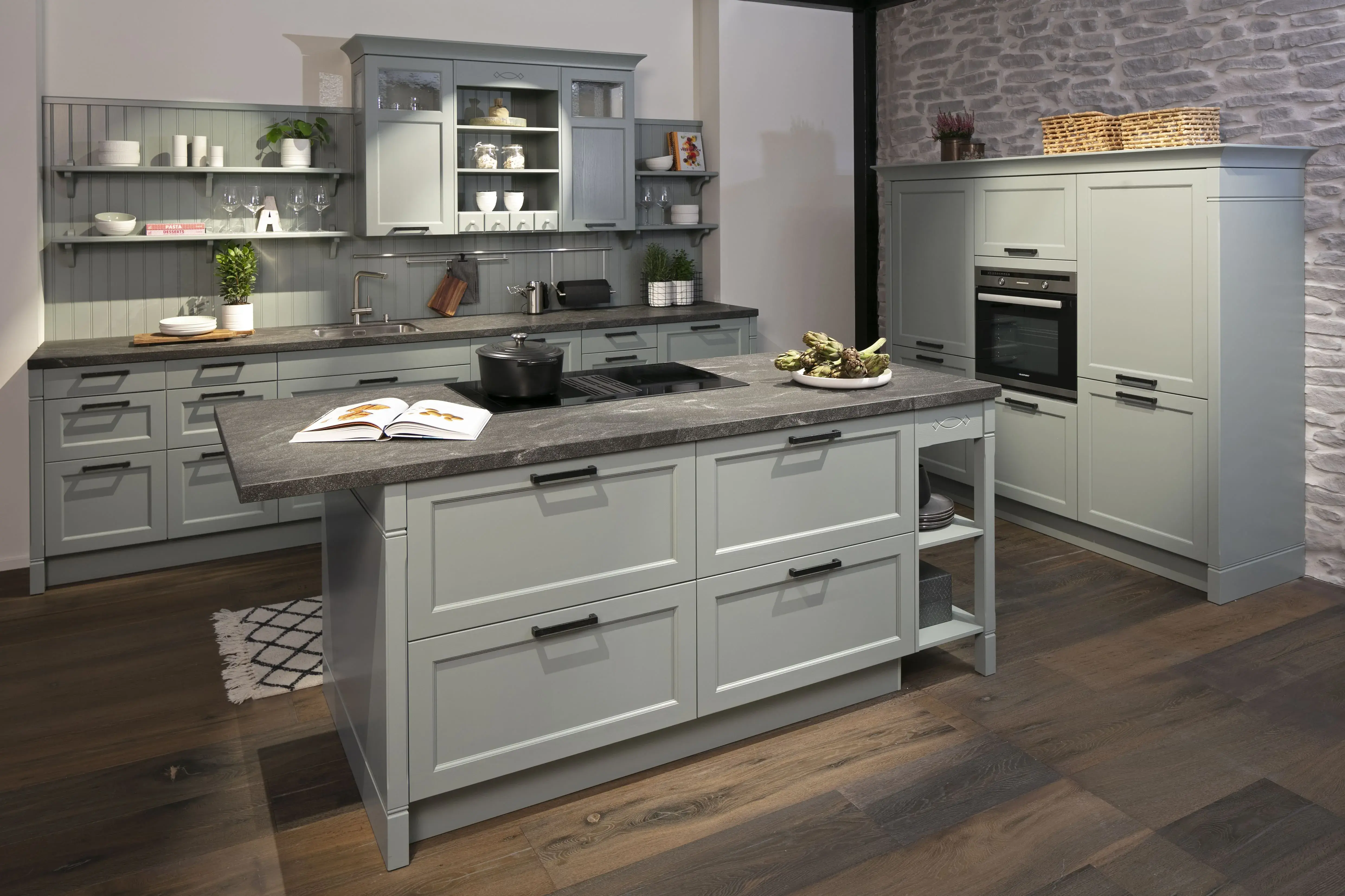 HÄCKER Landhaus Eukalyptus-Esche mit Arbeitsplatte Marmordekor