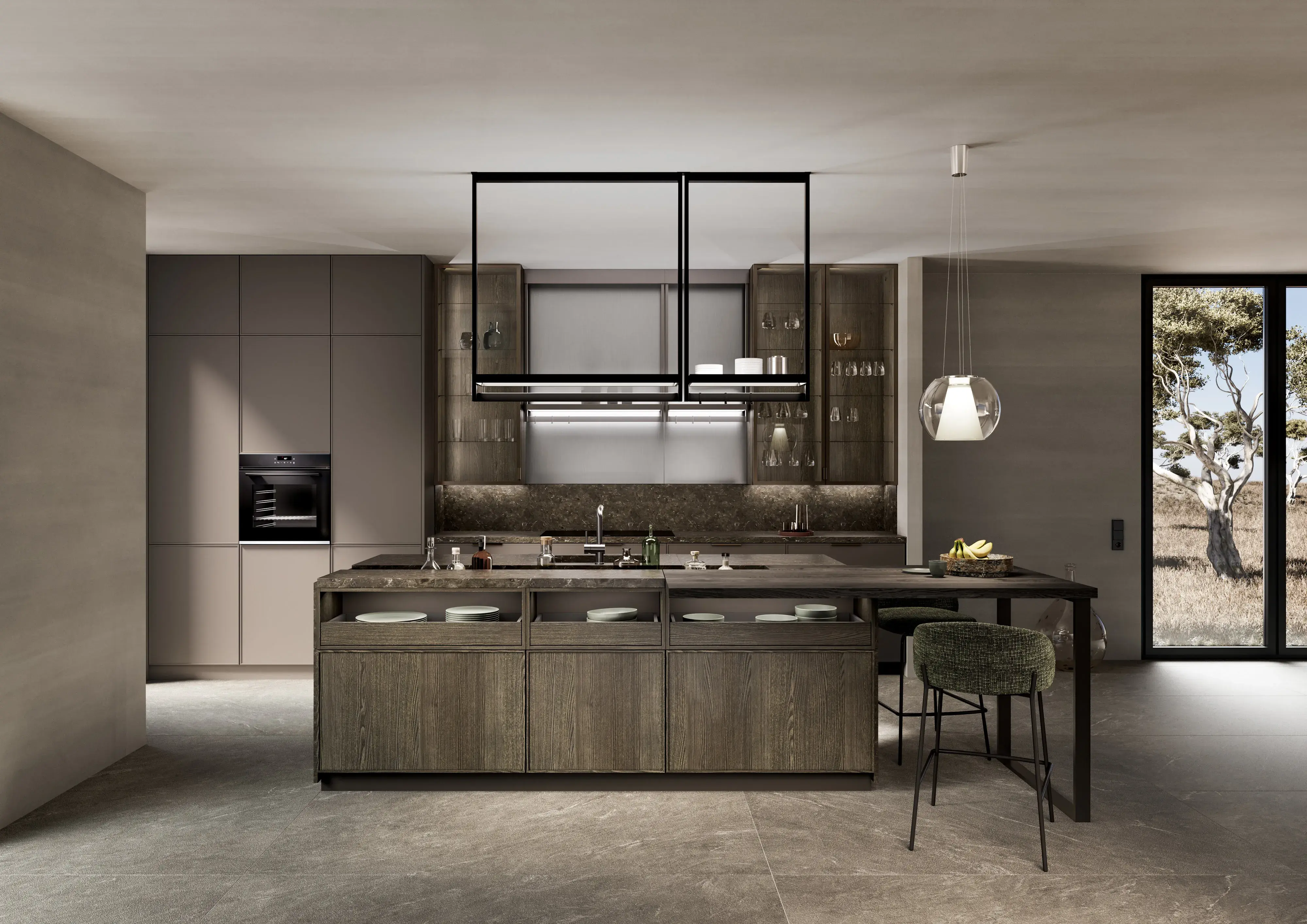 Moderne Küche mit Kücheninsel, gedeckten Farben und großen Fenstern.